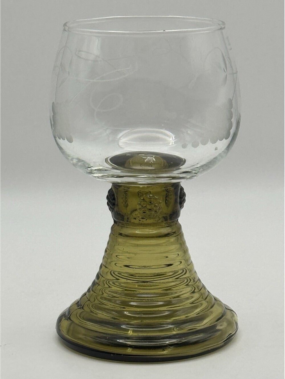 Vintage Roemer Beehive Green Stem Goblet w/Grape Vine Etched Glass Germany 1970s
